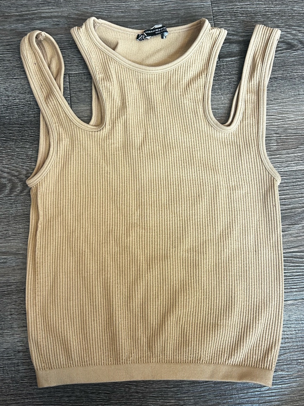 Zara Double-Strap Ribbed Tank Top in Tan